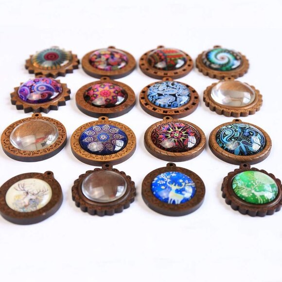 Bezel Pendant Trays Round Wooden and Glass Cabochon Round Clear Dome for DIY Cra - Picture 2 of 5